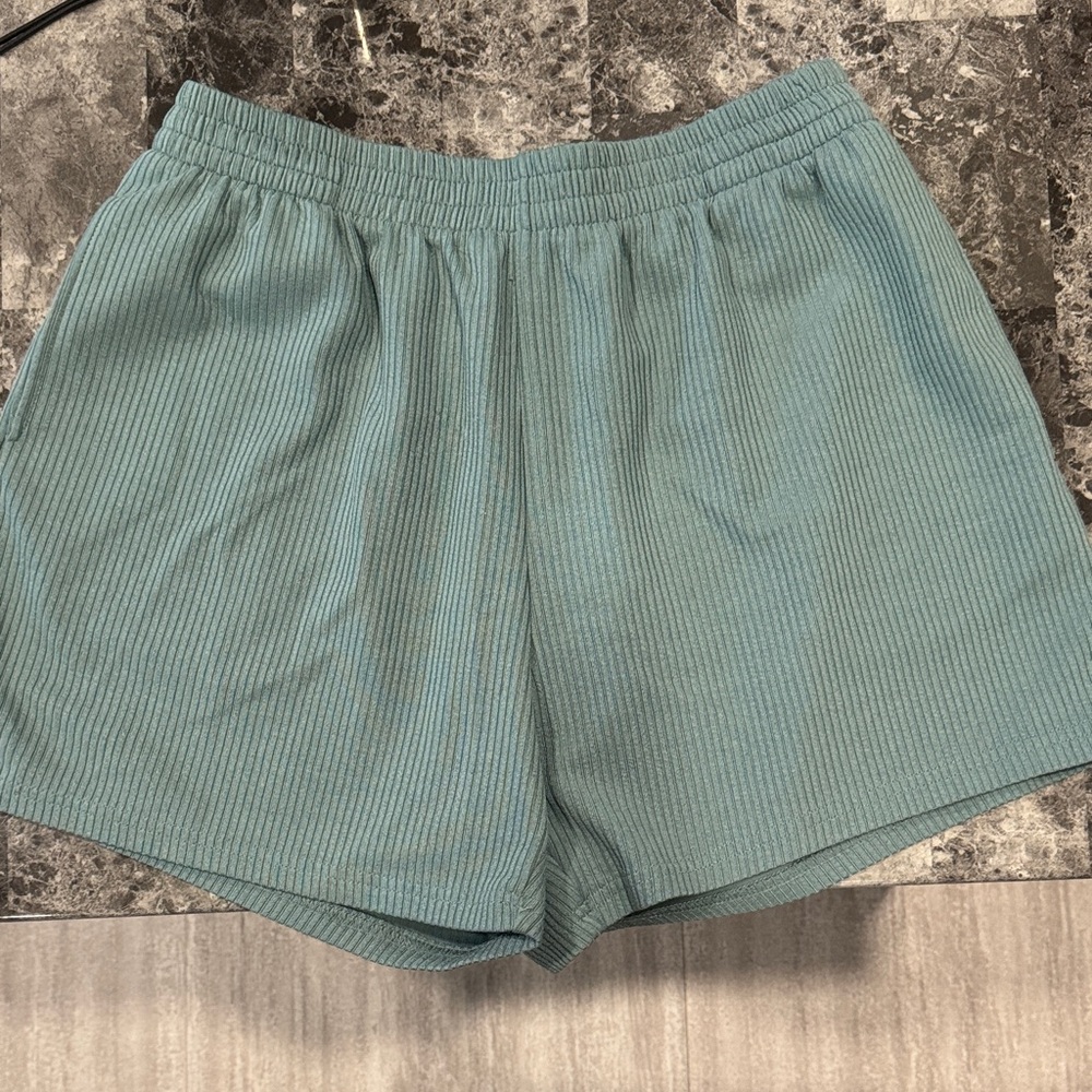 Blue/green elastic waist shorts. Size L